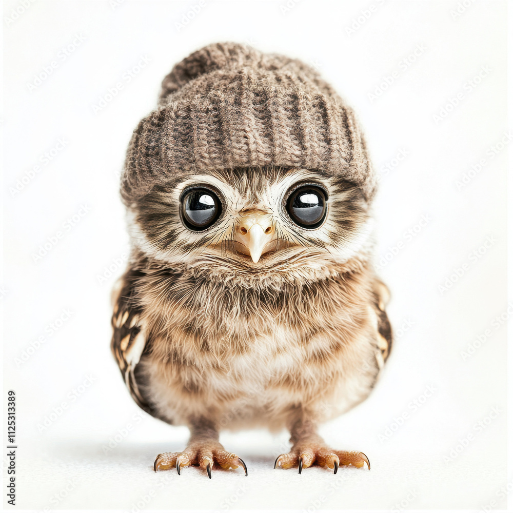 Naklejka premium Adorable small owl wearing a cozy brown knit hat, gazing with large, bright eyes against a simple white background.