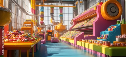 A whimsical candy factory, vibrant colors, sugary delights, and automated machinery. A sweet wonderland of confectionery creations.