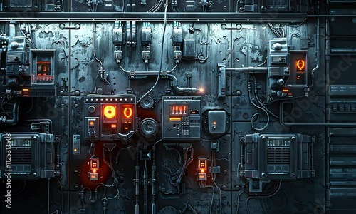 Electronic cyberpunk wall hud with buttons and led buttons