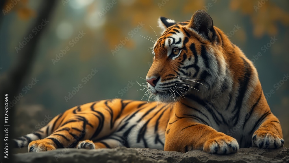 A tiger laying on top of a rock in the woods A tiger laying on top of a rock in the woods