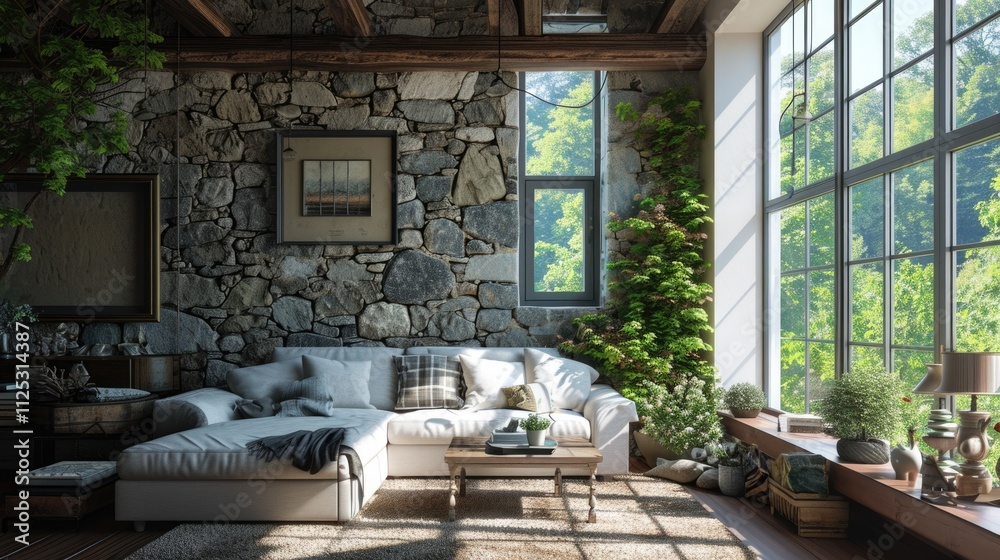 Rustic Farmhouse Living Room with Cozy Corner Sofa and Stone Clad Walls Rustic Farmhouse Living Room with Cozy Corner Sofa and Stone Clad Walls