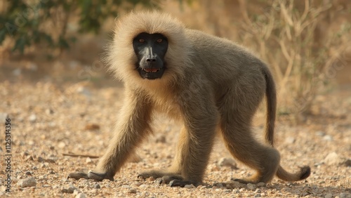 A baboon walking across a dirt road in the wild