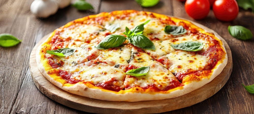 Delicious Margherita Pizza on Wooden Board Delicious Margherita Pizza on Wooden Board