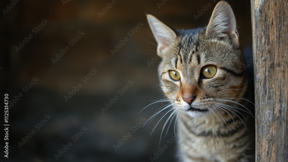 A tabby cat peeking out from behind a wooden fence A tabby cat peeking out from behind a wooden fence