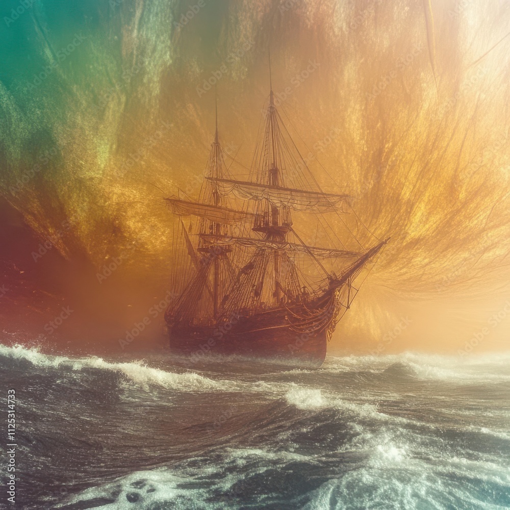 Obraz premium Antique sailing ship in a mystical, colorful storm at sea.