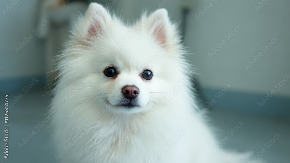 A small white dog sitting on top of a table A small white dog sitting on top of a table