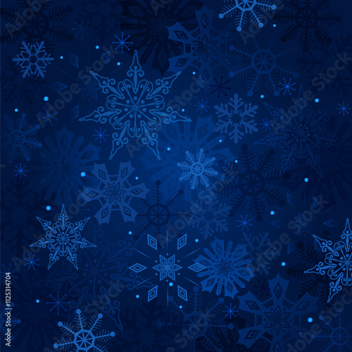 Winter night sky snowflake square background. Christmas backdrop, copy space. Snow blizzard on navy blue deep color gradient. Glowing snowflakes on dark blue back. Vector Xmas holiday illustration.