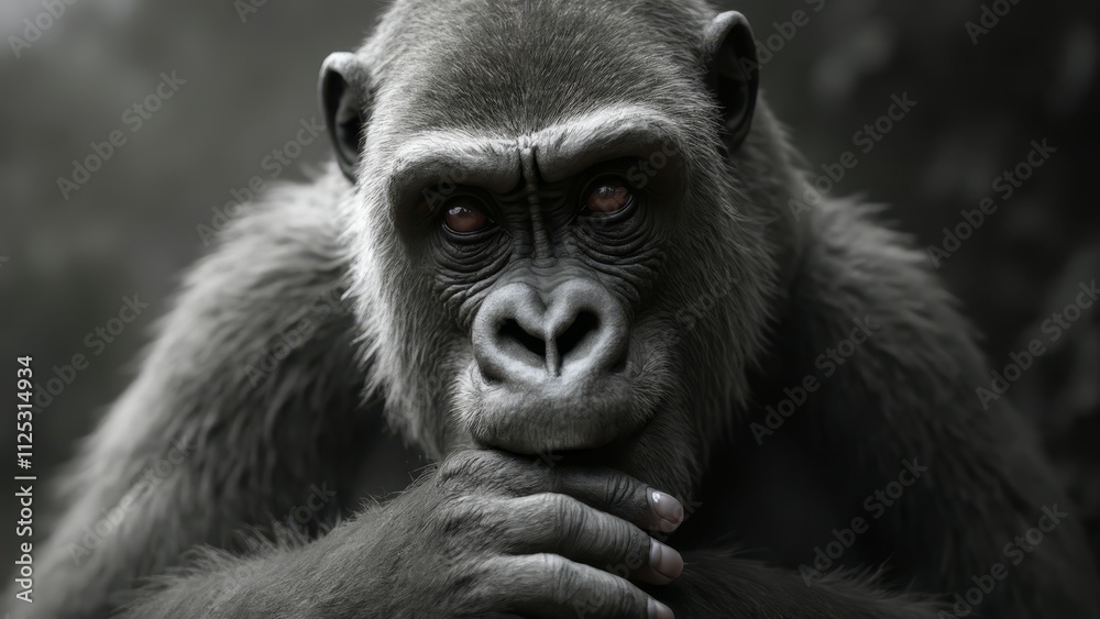 A black and white photo of a gorilla with his hand on his chin A black and white photo of a gorilla with his hand on his chin