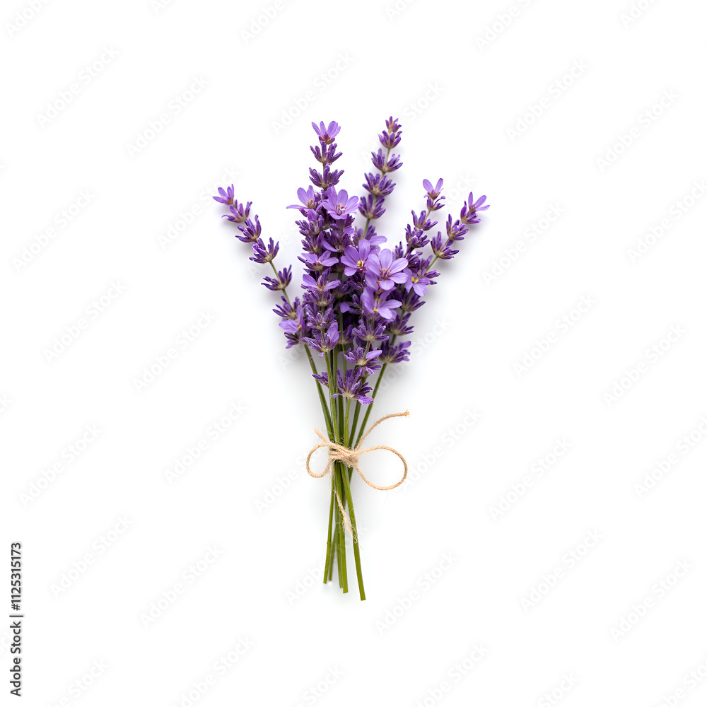 Fototapeta premium A delicate bouquet of fresh lavender with natural twine on a bright background, photography of still life concept.