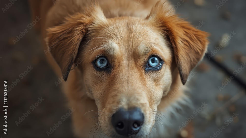 A brown dog with blue eyes looking up at the camera A brown dog with blue eyes looking up at the camera