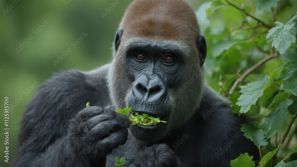 A gorilla eating leaves from a tree branch A gorilla eating leaves from a tree branch