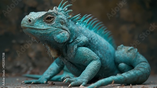 A blue iguana sitting on the ground next to another iguana