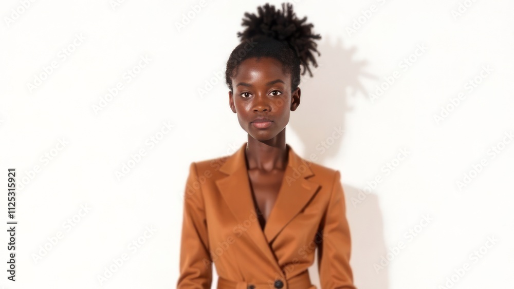 Obraz premium Cute African American girl wearing Mocha Mousse color of the year costume on white background