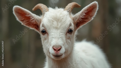 A close up of a white goat with long horns