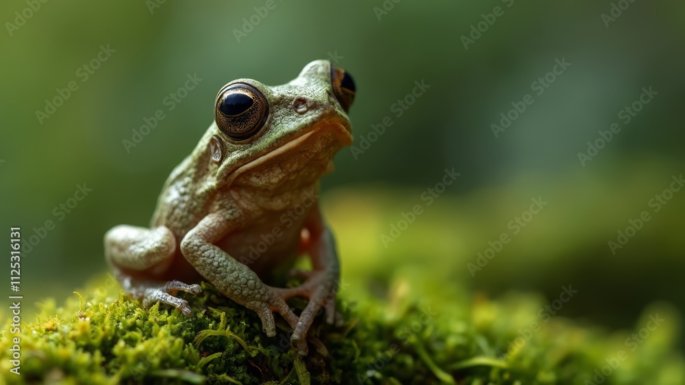 A frog sitting on top of a moss covered rock A frog sitting on top of a moss covered rock