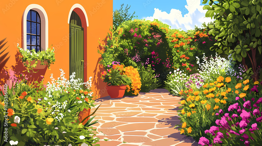 Obraz premium Sunny day in a colorful garden with lush greenery and blooming flowers , flowers, greenery, garden. Lush. Illustration