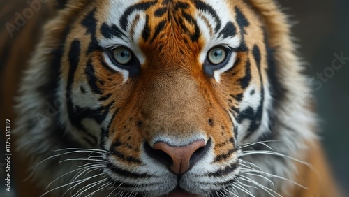  A close up of a tiger's face with blue eyes