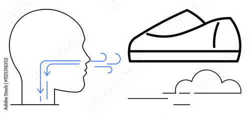 Head outline with breath arrows, shoe icon, and cloud. Ideal for fitness, sports training, health education, wellness apps, exercise guides, athletic coaching, respiratory health. Line metaphor