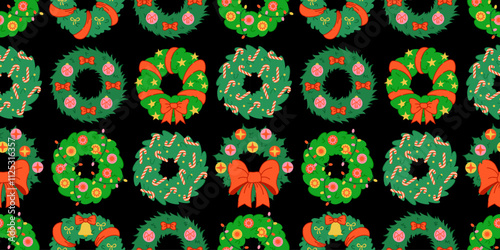 Seamless Christmas wreath pattern on a dark background. Festive green wreaths with bows, candy canes, ornaments, and stars. Merry Christmas and Happy Holidays backdrop. Wrapping paper, and textiles.