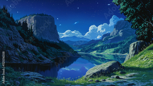 A canyon with a lake. Illustrations that look like a scene from an anime or game background. Blue sky, sun, clouds, sunset, night, fog, snow, rain, autumn, cherry blossoms, etc. photo