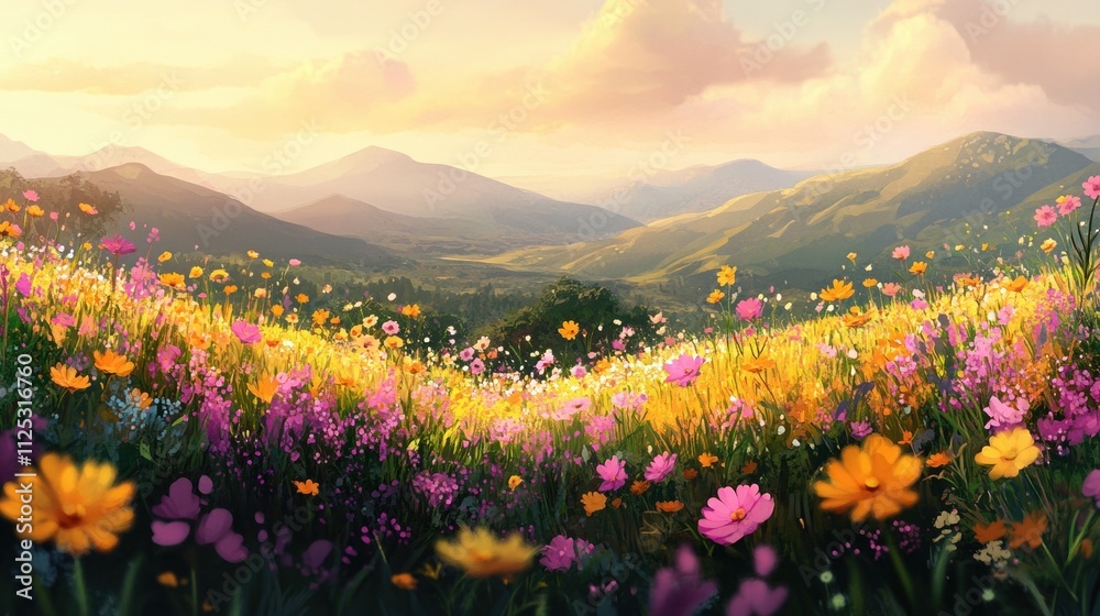 Obraz premium Colorful wildflowers blooming in mountain valley during sunset