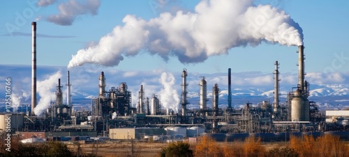 Wallpaper Mural Industrial Complex and Pollution: A View of an Oil Refinery with Smoke Stacks and Mountains in the Background Torontodigital.ca