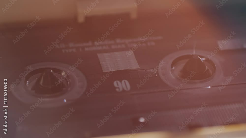 Retro radio tape recorder, audio cassette close-up. Listening to music, old radio boom box player, macro of vintage music listening. 