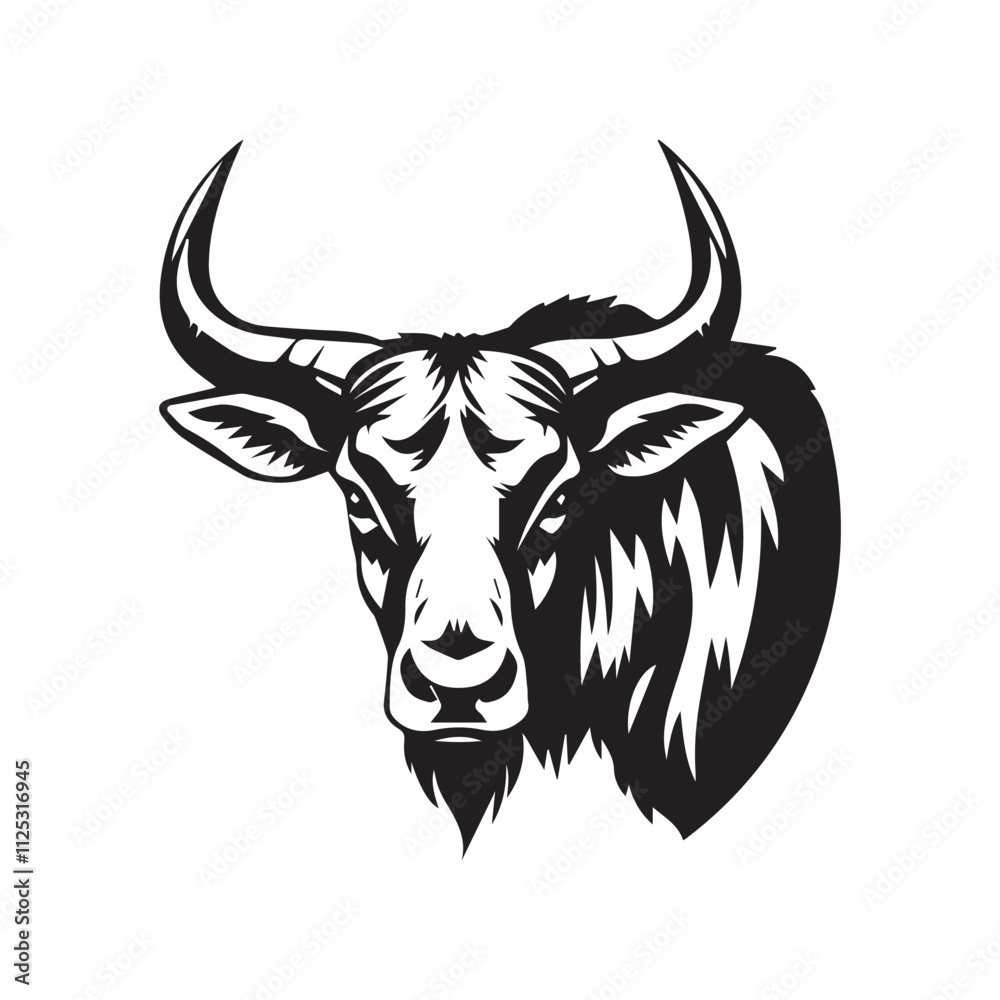 Black and white illustration of a bull's head Black and white illustration of a bull's head