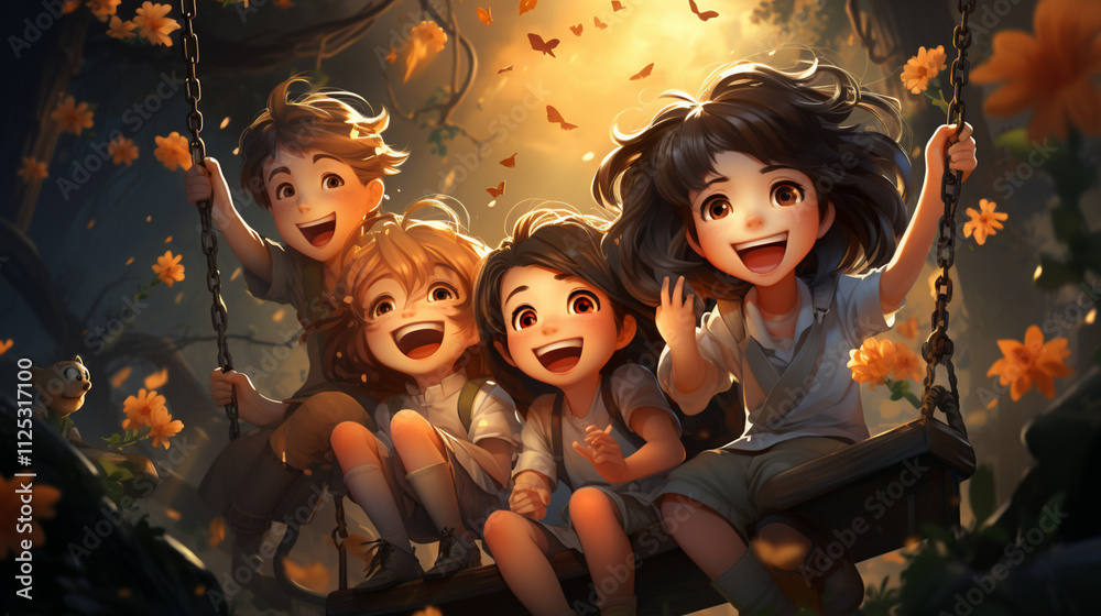 happy children on a swing, cartoon style,.
