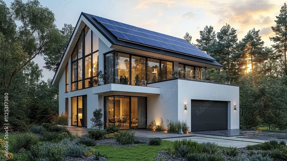 Fototapeta premium Modern eco-friendly home with solar panels surrounded by lush greenery in a tranquil forest setting
