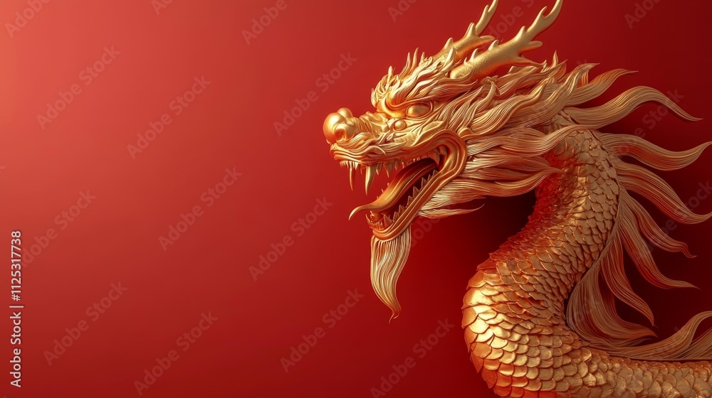 Obraz premium Pure gold dragon head 3D rendering for Chinese New Year. Generative AI