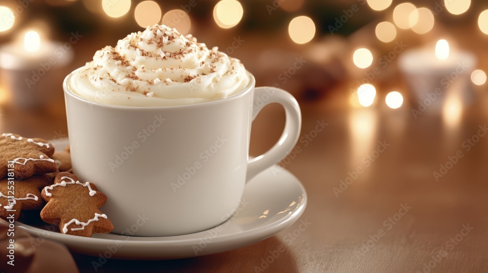 Festive table setup with gingerbread cookies and mugs of hot cocoa during winter holiday celebration Festive table setup with gingerbread cookies and mugs of hot cocoa during winter holiday celebration