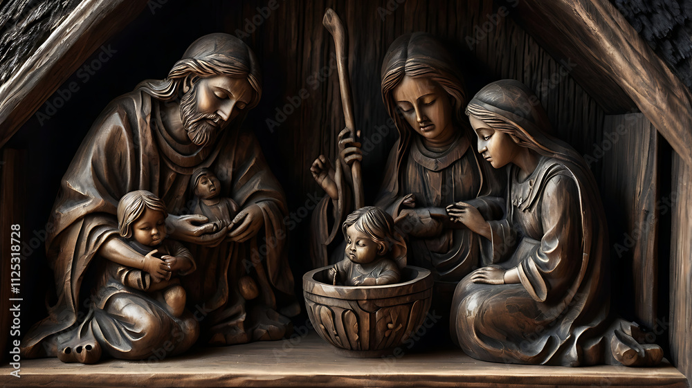 Fototapeta premium Dark bronze nativity scene carving, Holy Family, Jesus, Mary, Joseph, baby Jesus, manger, wood, religious art.
