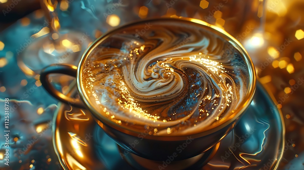 A cup of coffee with an intricate swirl of foam art in the center, placed on a saucer A cup of coffee with an intricate swirl of foam art in the center, placed on a saucer