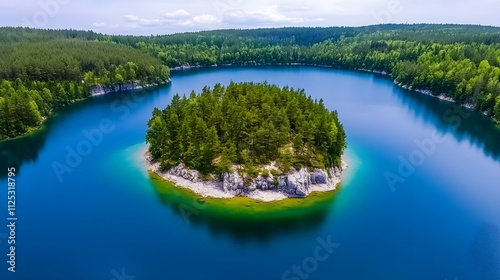 Secluded Island Paradise: An aerial view captures a serene island nestled in a crystal-clear lake, surrounded by lush green forests. The tranquil scene evokes a sense of peace and escape.