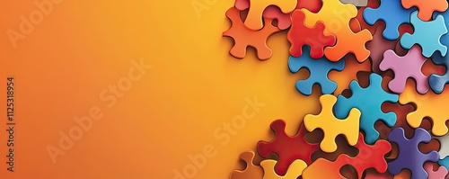 Abstract background with scattered puzzle pieces. World Autism Awareness Day. Second of April. Background, wallpaper, banner