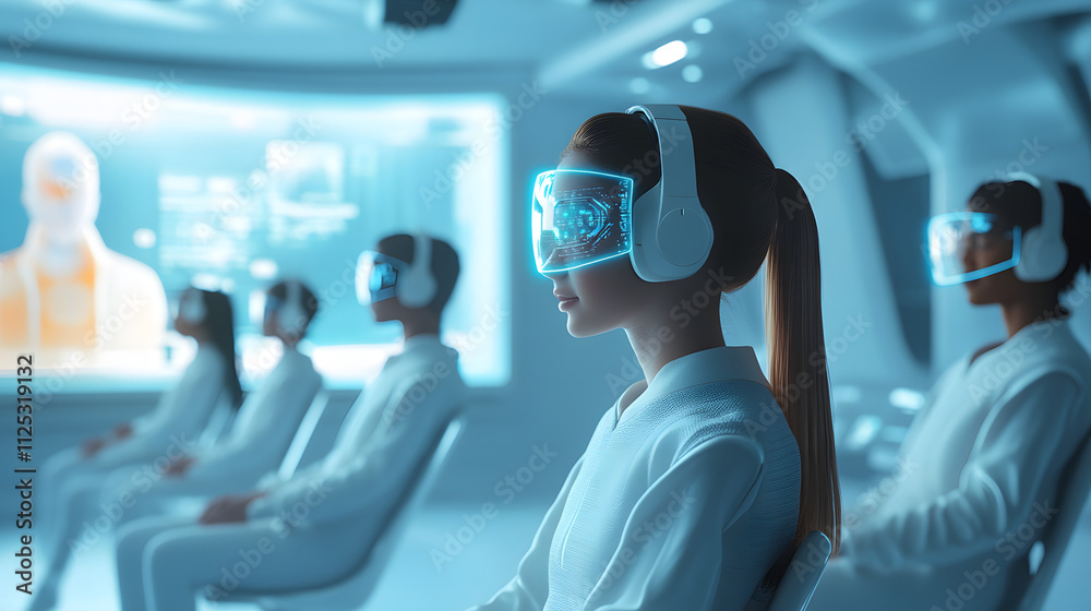 futuristic classroom in 2025 with holographic displays, students wearing VR headsets, and AI tutors, isolated on a seamless white background