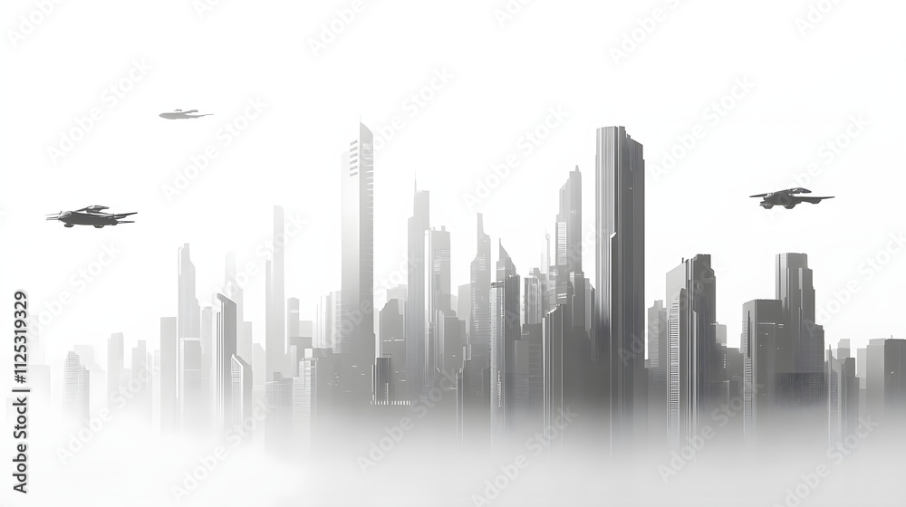 Obraz premium futuristic city skyline in 2025 with eco-friendly skyscrapers and flying vehicles, on a seamless white background