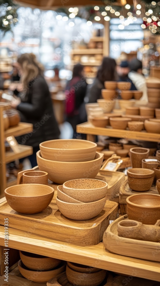 Artisanal pottery displayed in shop.