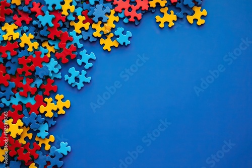 Abstract background with scattered puzzle pieces. World Autism Awareness Day. Second of April. Background, wallpaper, banner