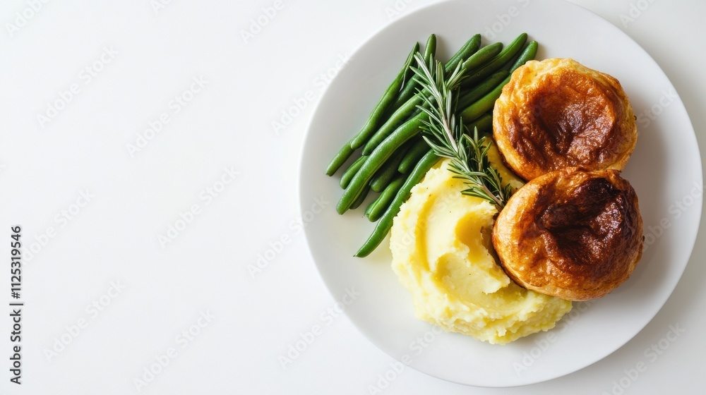 Delicious plate of mashed potatoes, green beans, and golden Yorkshire puddings garnished with rosemary