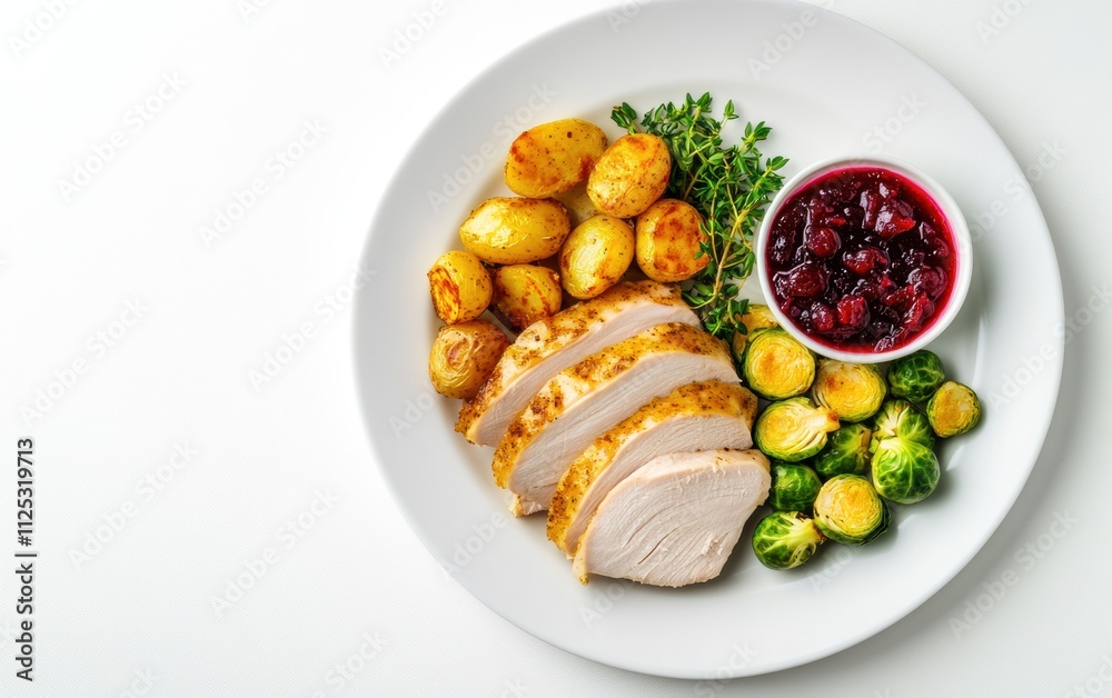 Delicious holiday meal featuring roasted chicken, potatoes, Brussels sprouts, and cranberry sauce on a white plate Delicious holiday meal featuring roasted chicken, potatoes, Brussels sprouts, and cranberry sauce on a white plate