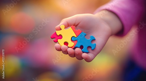 Close-up of a child hand holding a puzzle piece. Symbolic of autism awareness and understanding. World Autism Awareness Day. Second of April. Background, wallpaper, banner photo