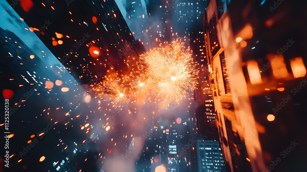 CIty with fireworks blured CIty with fireworks blured