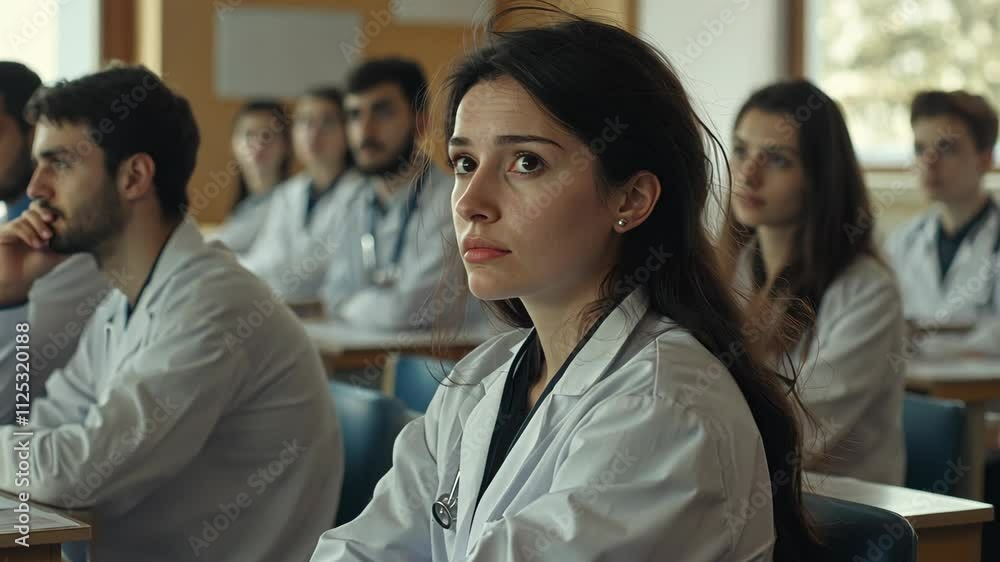 Medical students in classroom during a lecture about patient care and medical ethics at a university