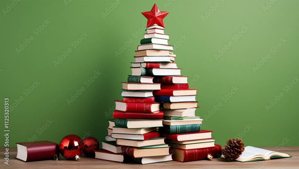 Christmas tree made of books on a green background, , Christmas concept representing the holiday season and reading day, Christmas tree made of books on a green background, , Christmas concept representing the holiday season and reading day,