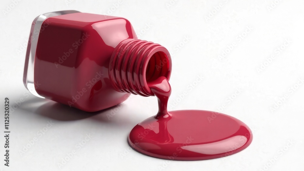 Glass bottle of nail polish in raspberry color spilled on a white background Glass bottle of nail polish in raspberry color spilled on a white background