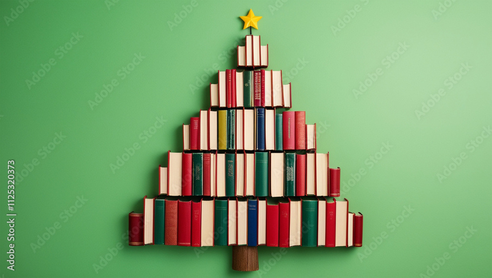 Christmas tree made of books on a green background, , Christmas concept representing the holiday season and reading day,
