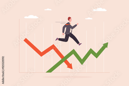 Investment volatility. Volatile stock market concept, businessman investor jumping to up down arrow financial crisis falling price growth economics risk trading vector illustration
