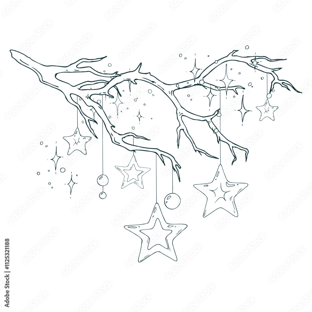 Obraz premium Dry tree branch without leaves with hanging New Year s shimmering stars and beads. Line art is a simple hand-drawn illustration in black and white ink. Composition arrangement vector EPS